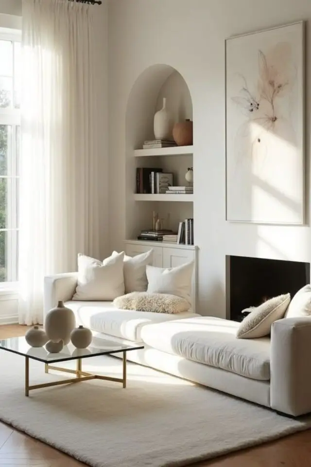 déco de salon meubles blancs banquette cheminée arche niche tapis élégant chic moderne 