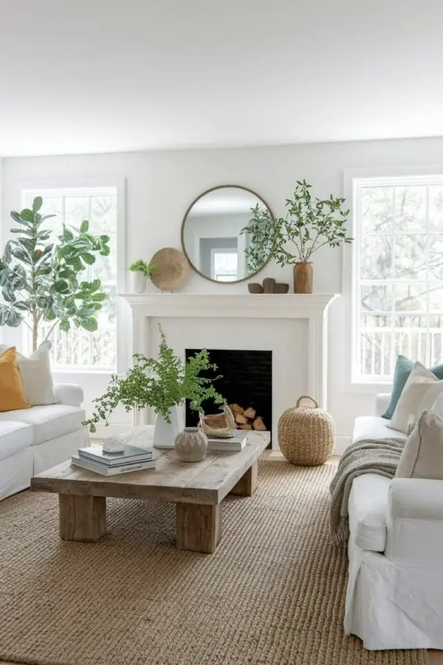 déco de salon meubles blancs exemple cheminée 2 canapés l'un en face de l'autres table basse rustique tapis en jonc de mer chic et élégant 