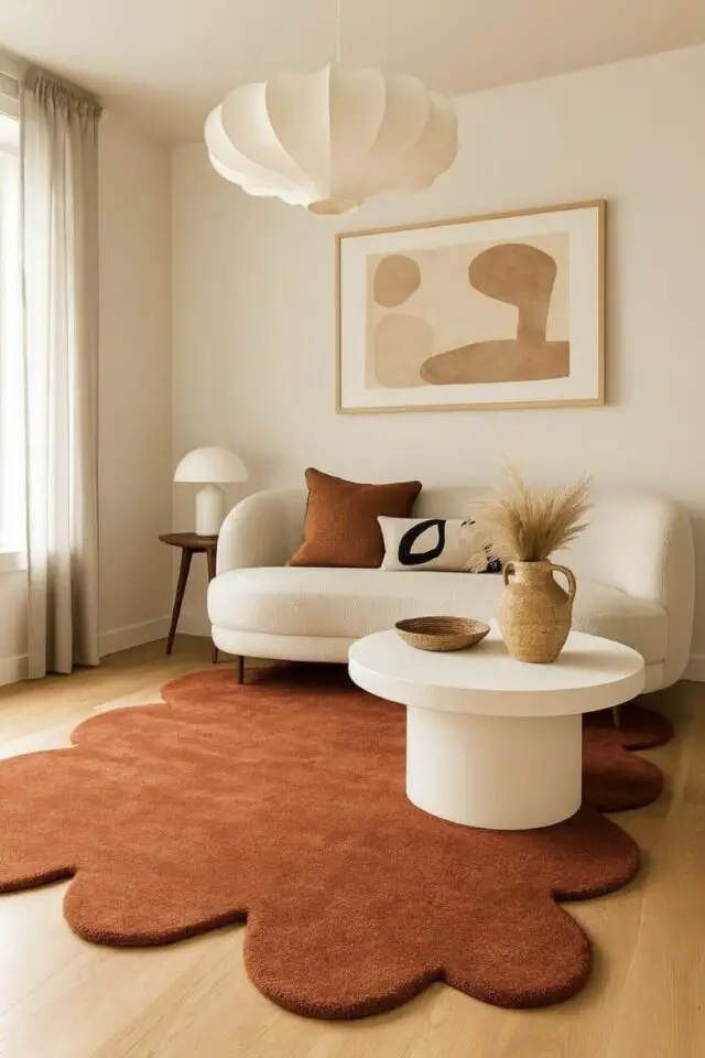 déco de salon meubles blancs touche de couleur accessoire décoratif moderne tapis original couleur acajou 
