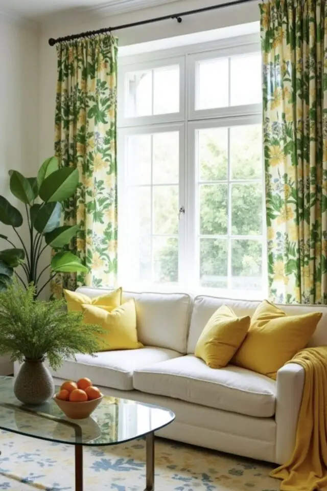 déco de salon meubles blancs exemple textiles décoratifs coussin jaune rideau imprimé floral tapis plaid idée facile à copier 
