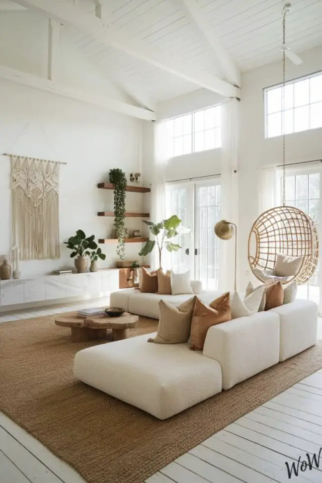 déco de salon meubles blancs style boho chic tapis naturel grand canapé d'angle fauteuil suspendu intérieur macramé mural et étagères en bois