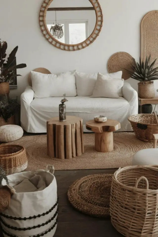 déco de salon meubles blancs exemple style bohème chic appartement petit canapé accessoires déco en bois et fibres naturelles table basse tapis panier miroir 