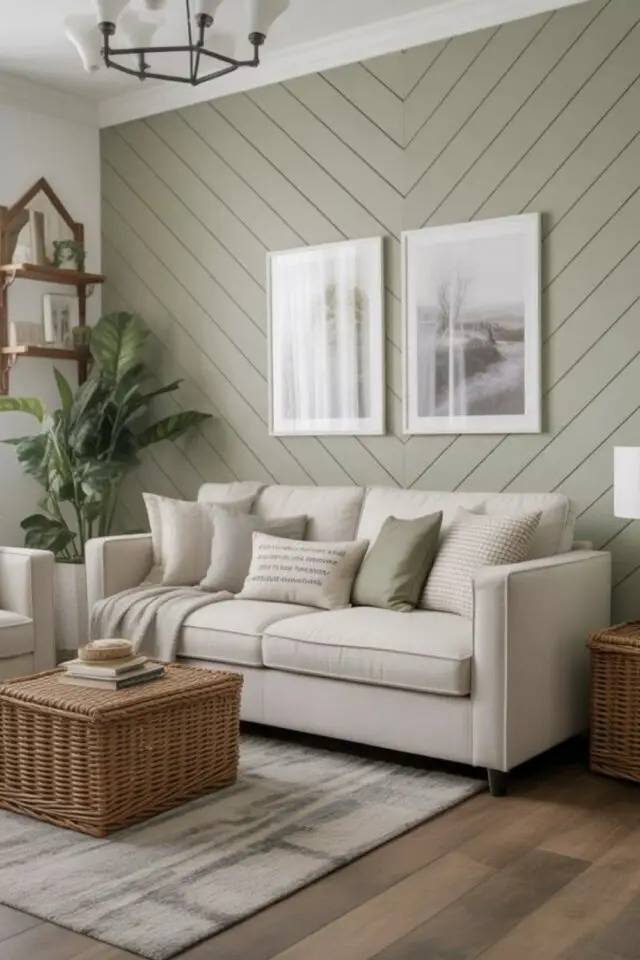 déco de salon meubles blancs mur accent derrière le canapé vert sauge et moulures modernes photo encadrées noir et blanc 