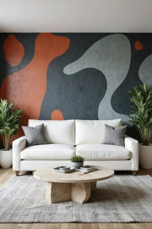 déco de salon meubles blancs exemple mur accent moderne papier peint gris terracotta abstrait mur derrière le canapé 