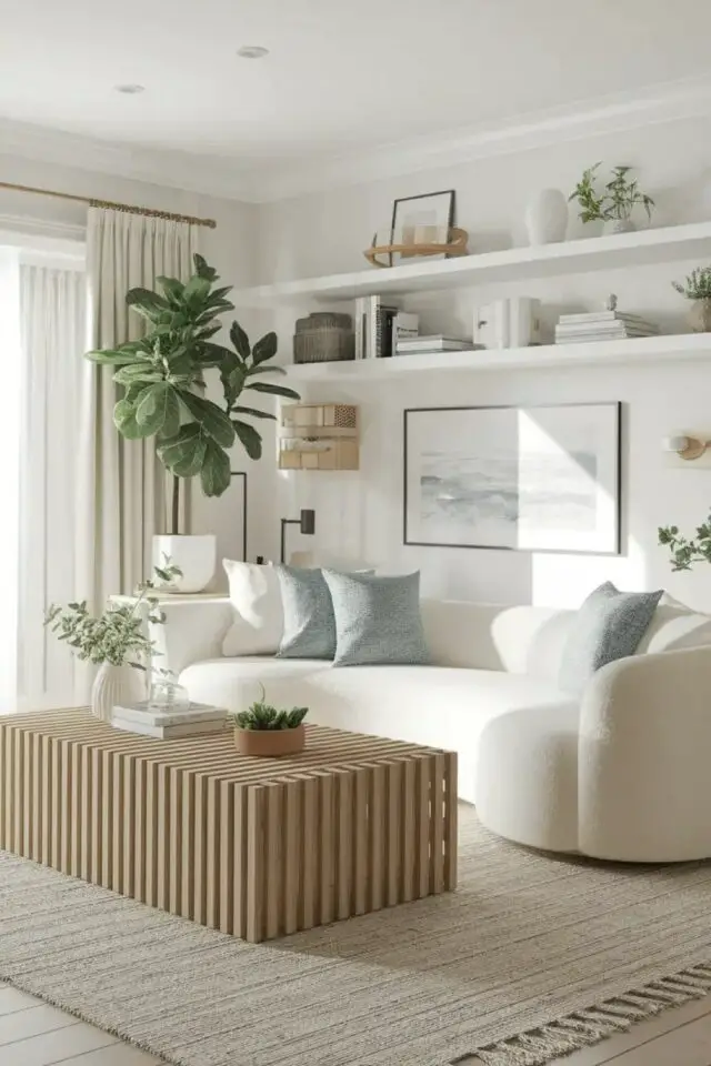 déco de salon meubles blancs minimaliste et épuré table basse en bois effet tasseaux tapis naturel étagères murales en ton sur ton 