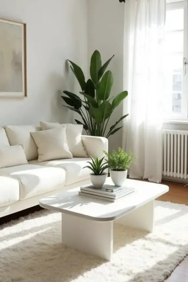 déco de salon meubles blancs exemple intérieur minimaliste et cosy tapis poil long plante verte table angles arrondis facile à copier 