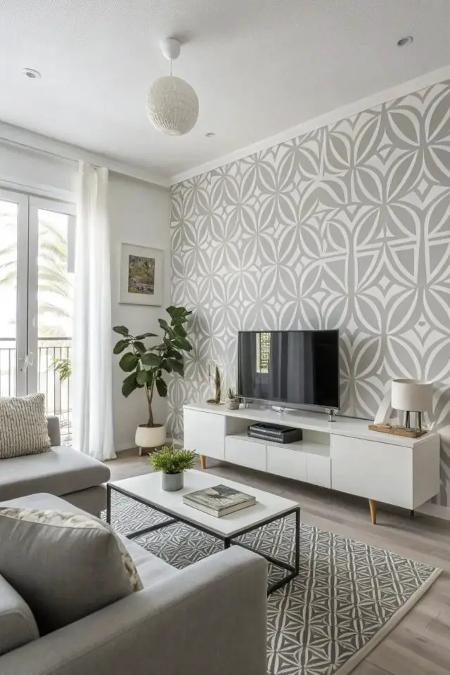 déco de salon meubles blancs motif papier peint gris et blanc mur contre meuble TV 