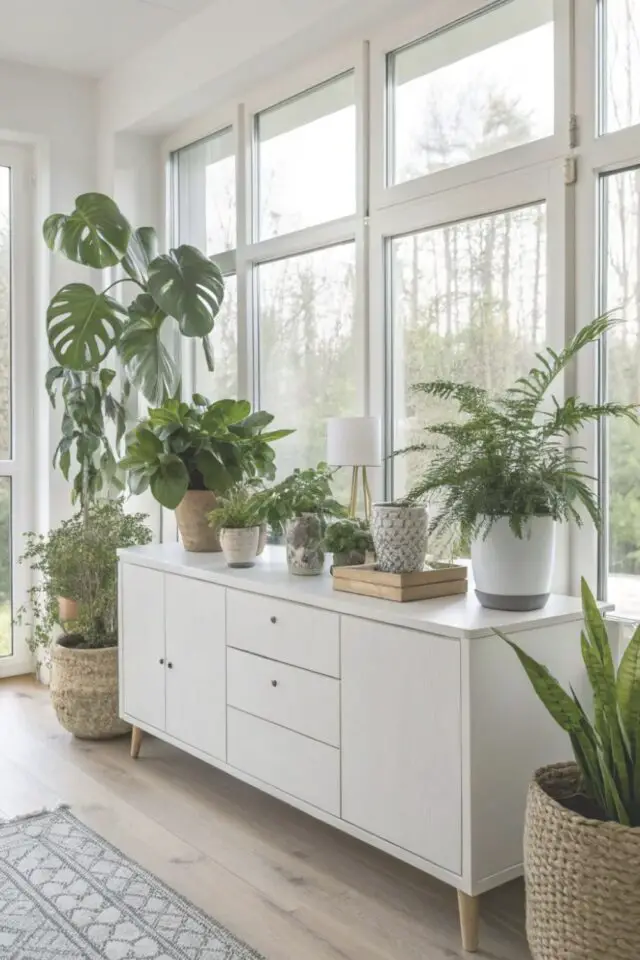 déco de salon meubles blancs buffet épuré moderne plantes vertes simple et facile à copier 