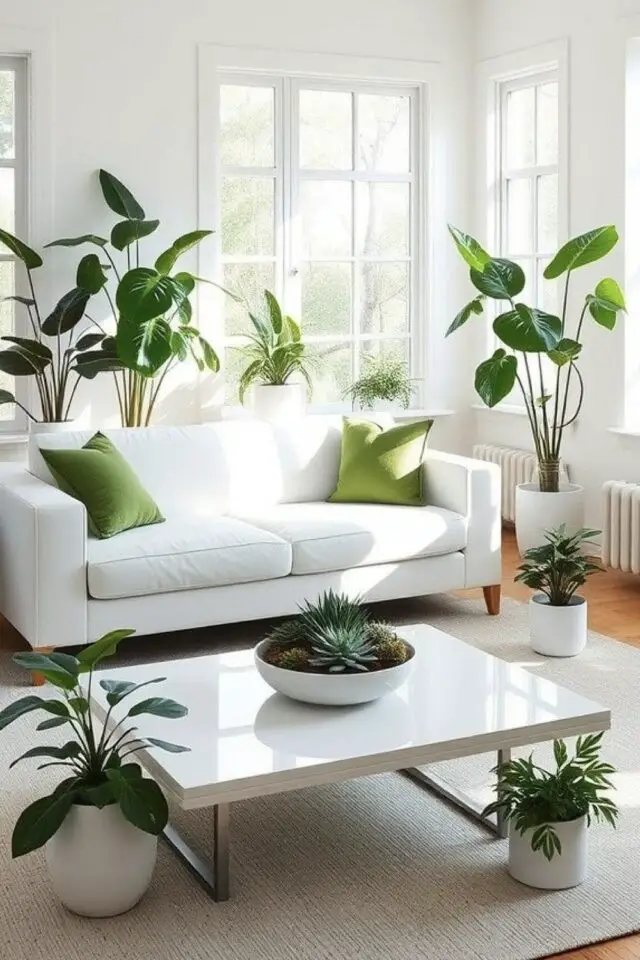 déco de salon meubles blancs exemple plantes d'intérieur coussin vert idée facile et rapide à mettre en place 
