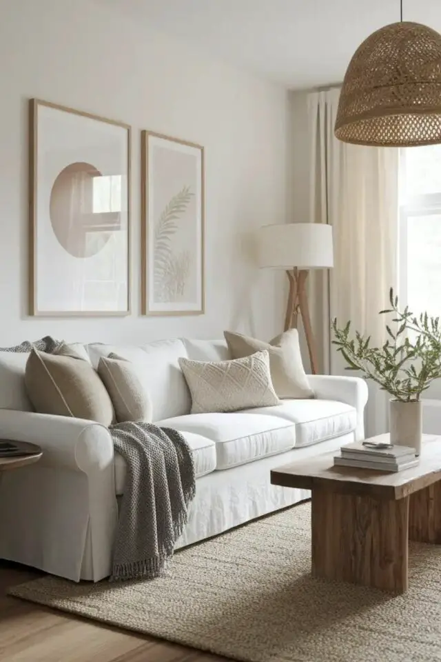 déco de salon meubles blancs style scandinave moderne camaïeux couleurs neutres beige matériaux naturels 