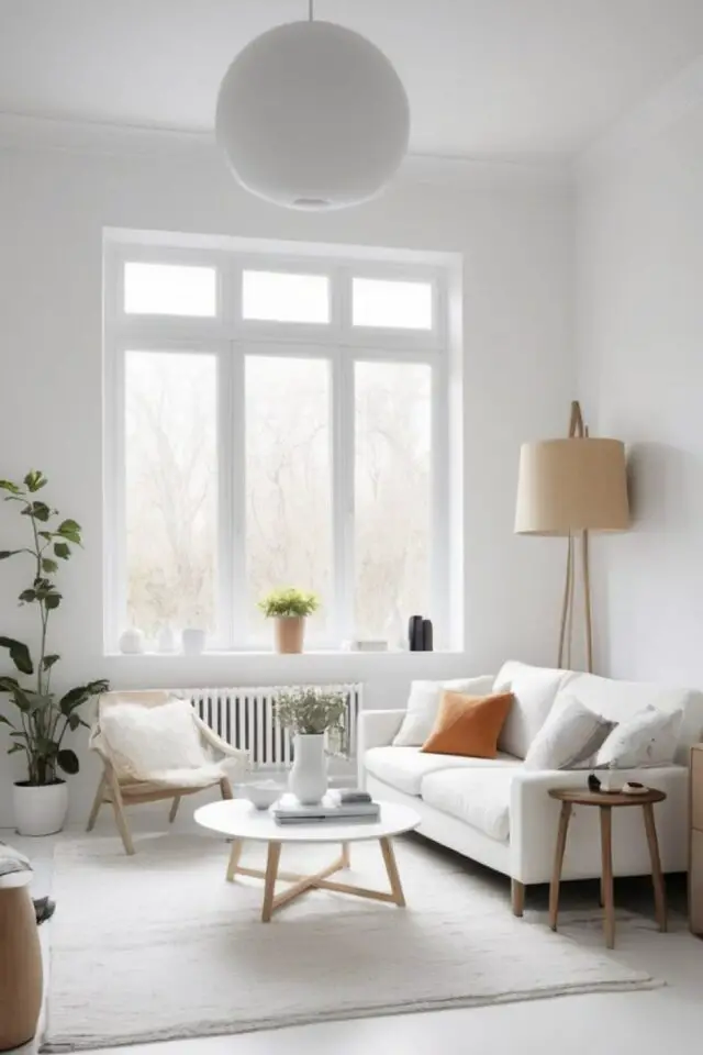 déco de salon meubles blancs exemple ambiance scandinave petit espace touche de bois clair inspiration à copier 