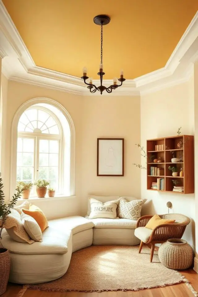 déco de salon meubles blancs idée originale peinture plafond jaune 