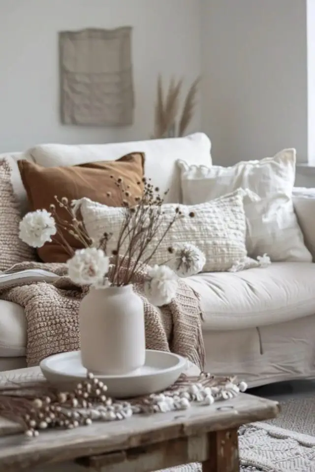 déco de salon meubles blancs cocooning camaïeu de couleurs neutres beige marron douceur coussin plaid canapé 