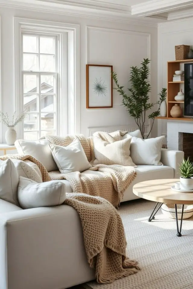 déco de salon meubles blancs exemple cocooning coussins et plaid canapé d'angle cheminée table basse en bois 