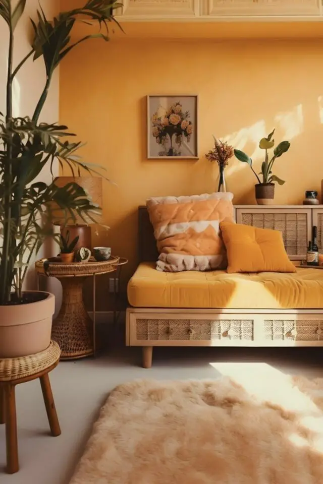 décoration intérieure monochrome salon jaune mur et coussins de canapé ambiance solaire moderne et cosy 