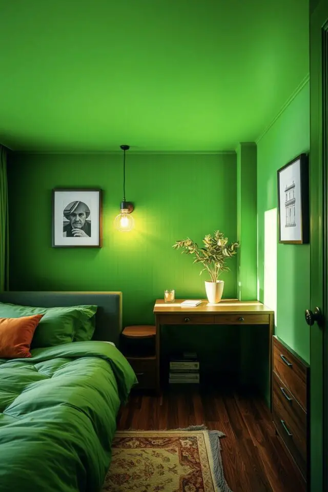 décoration intérieure monochrome chambre originale vert gazon peinture mur et plafond linge de lit assorti 