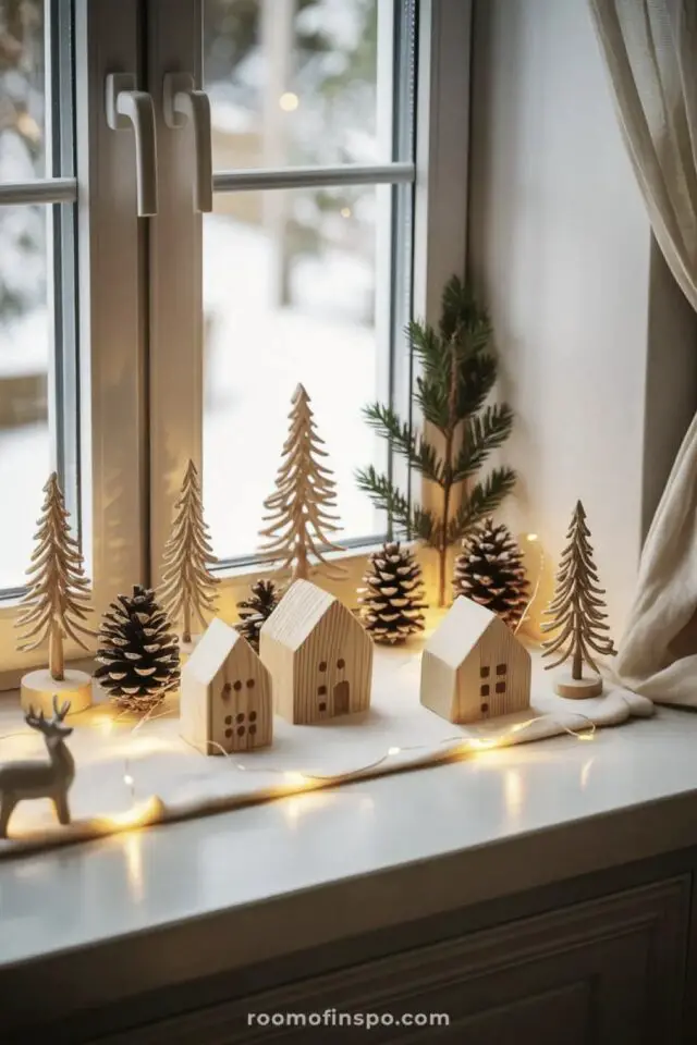 décoration noël au naturel idée rebord de fenêtre décor maisonnette en bois guirlande lumineuse 