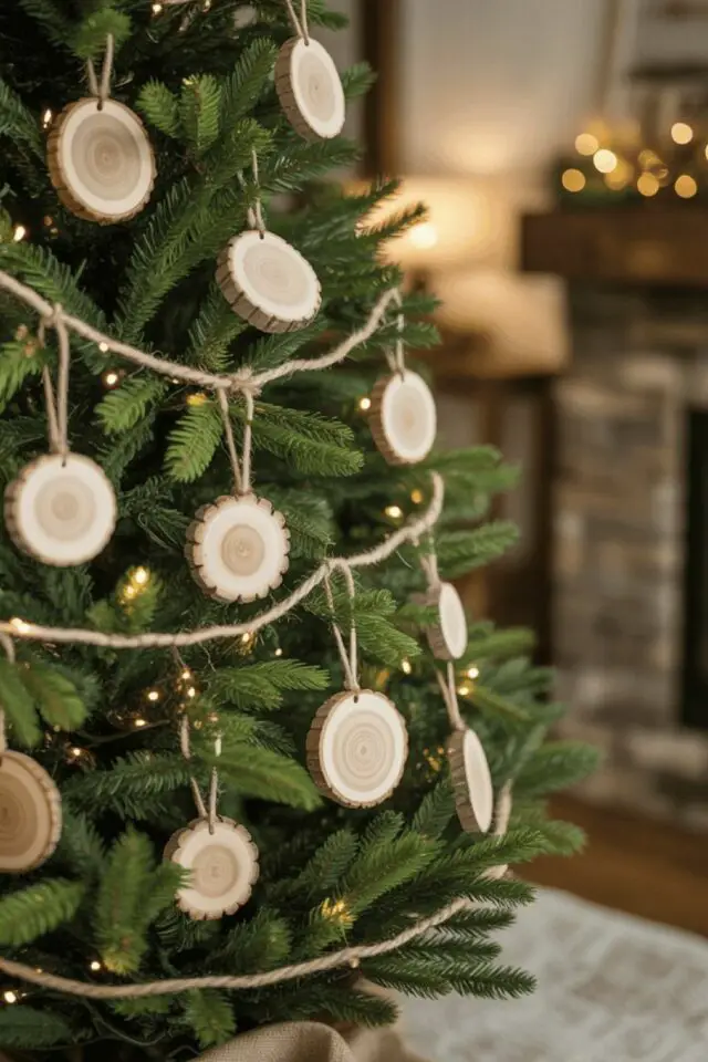 décoration noël au naturel sapin guirlande lumineuse rondin de bois coupé simple et facile 