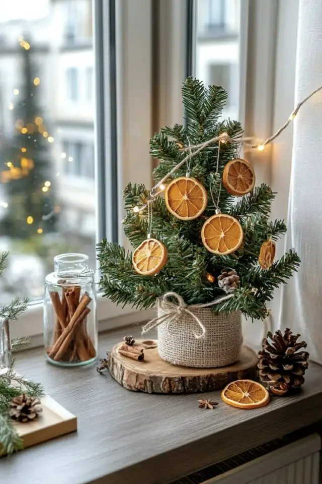 décoration noël au naturel tout petit sapin rebord de fenêtre rondelles d'orange séchées 