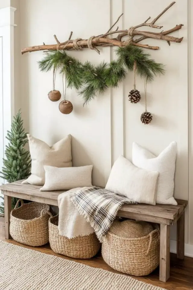 décoration noël au naturel entrée dessus banc en bois branche d'arbre et de sapin pomme de pin suspendue déco murale à faire soi-même 