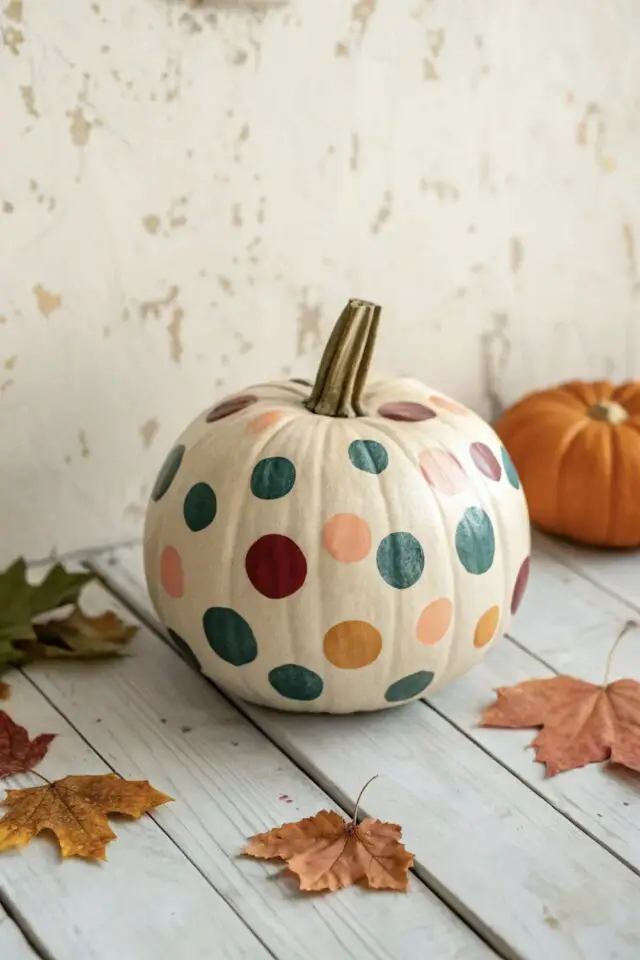 Halloween citrouille peinture exemple fond blanc cassé pois multicolore facile à faire bricolage DIY Halloween citrouille peinture exemple fond blanc cassé pois multicolore facile à faire bricolage DIY