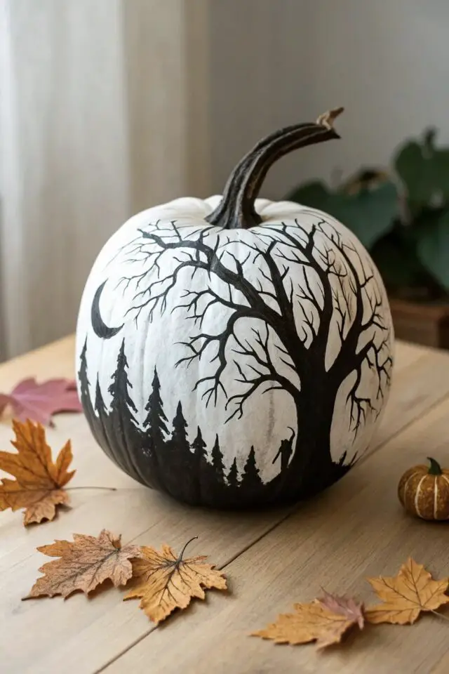 Halloween décor citrouille peinture paysage peint en noir et blanc lune arbre effrayant Halloween décor citrouille peinture paysage peint en noir et blanc lune arbre effrayant
