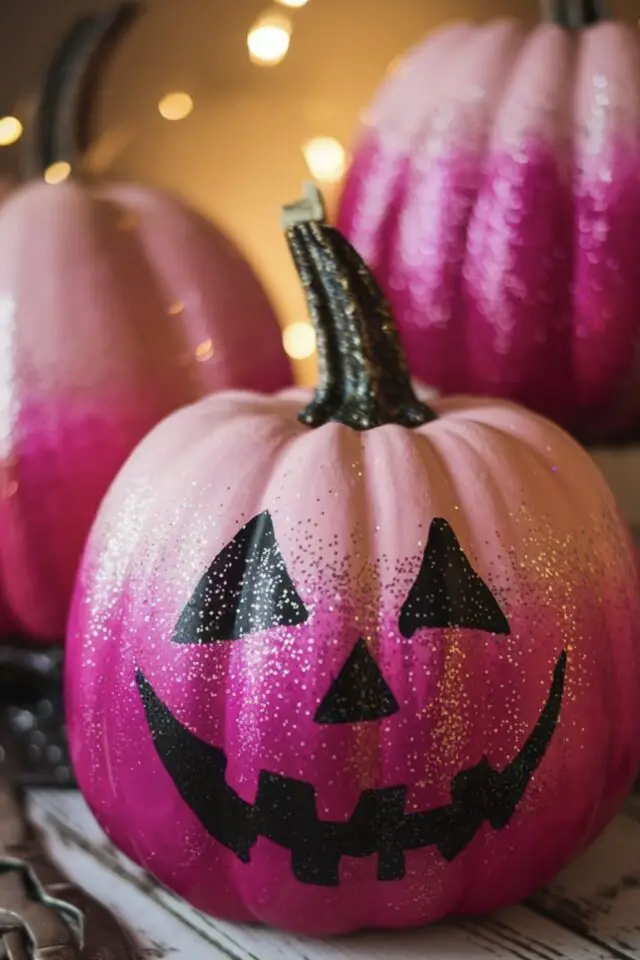 Halloween décor citrouille peinture idée originale rose et paillette à faire avec les enfants Halloween décor citrouille peinture idée originale rose et paillette à faire avec les enfants