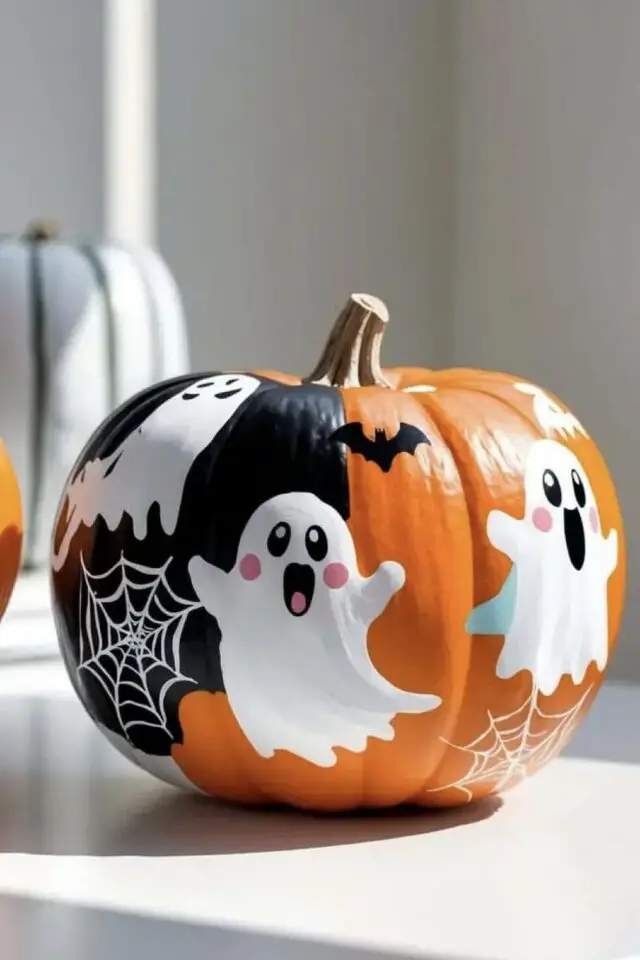 Halloween créatif citrouille peinte exemple petit fantôme toile d'araignée noir et blanc DIY enfant Halloween créatif citrouille peinte exemple petit fantôme toile d'araignée noir et blanc DIY enfant