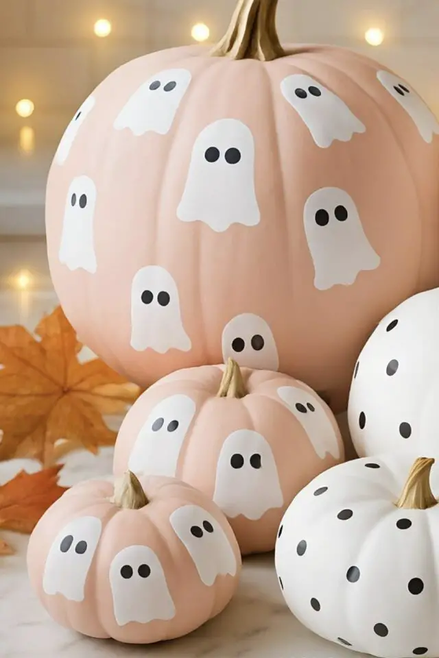 Halloween créatif citrouille peinte exemple mignon fond rose clair petit fantômes noir et blanc Halloween créatif citrouille peinte exemple mignon fond rose clair petit fantômes noir et blanc