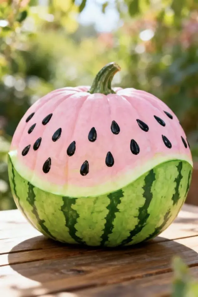 Halloween créatif citrouille peinte exemple effet d'optique imitation pastèque vert et rose idée originale Halloween créatif citrouille peinte exemple effet d'optique imitation pastèque vert et rose idée originale