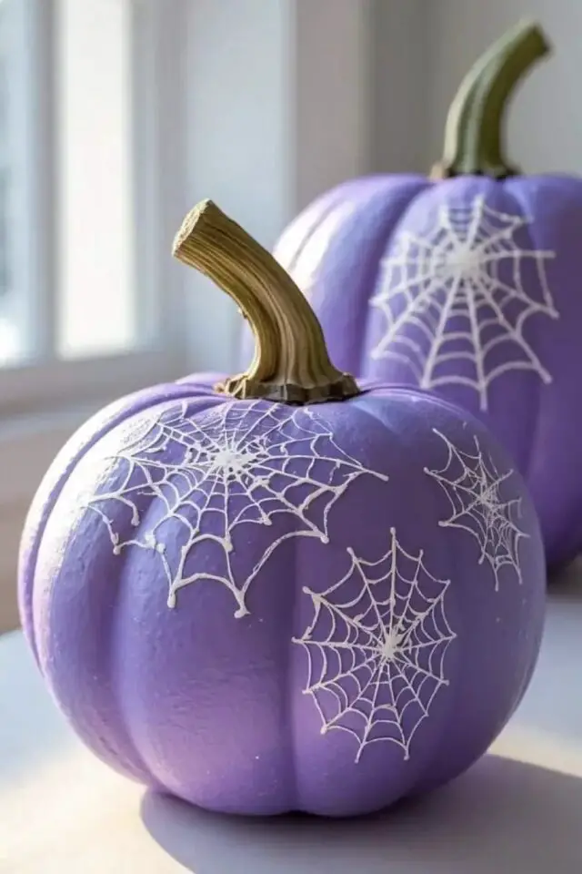 Halloween créatif citrouille peinte exemple fond violet toiles d'araignées blanches idée originale à copier Halloween créatif citrouille peinte exemple fond violet toiles d'araignées blanches idée originale à copier