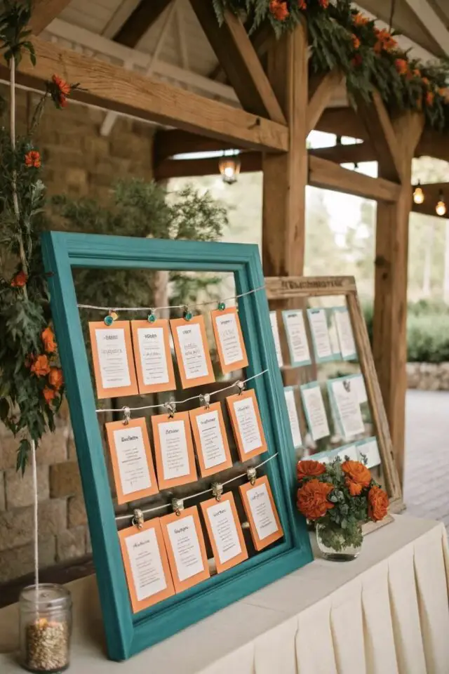 idée mariage déco bleu sarcelle plan de table DIY cadre bleu papier orange facile à faire soi-même 