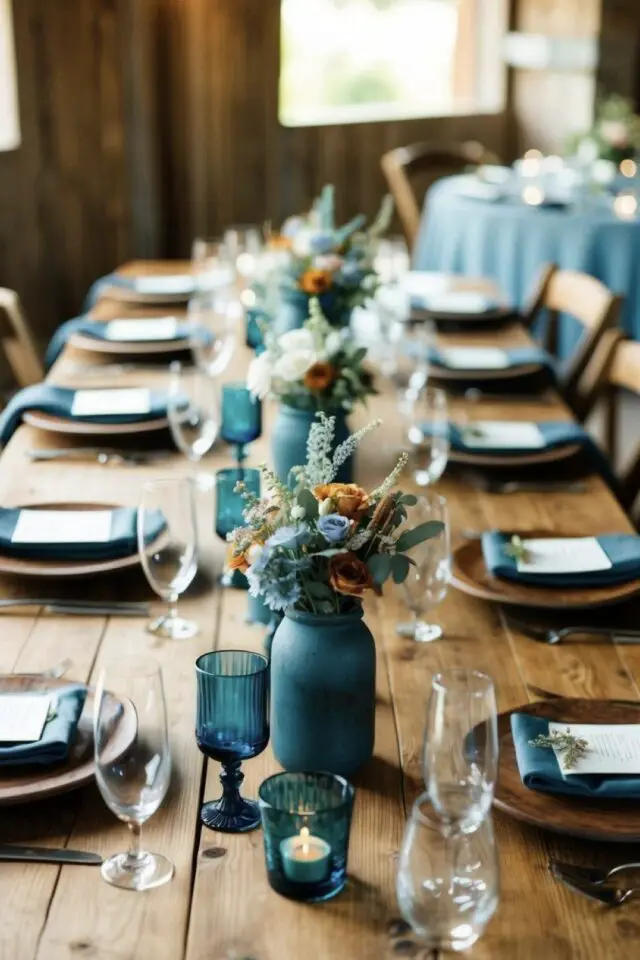 idée mariage déco bleu sarcelle table en bois décor rustique chic mason jar peinture bleu mate petit bouquet verre à eau coloré assiette originale 