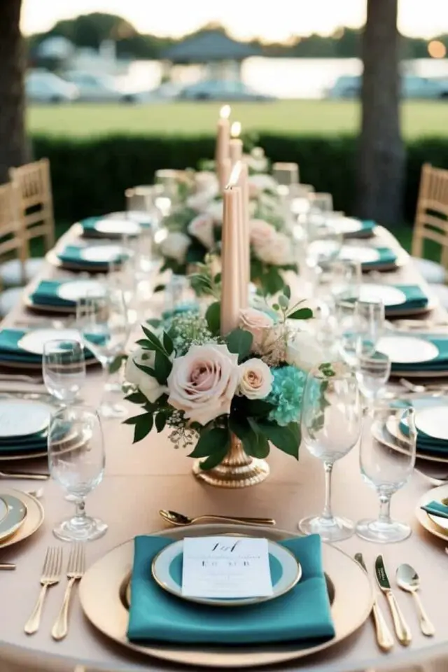 idée mariage déco bleu sarcelle grande table vaisselle élégante blanche bleue or bougie nacrée beige petit bouquet centre de table serviette colorée 