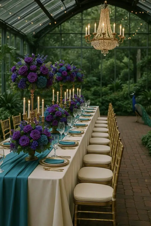 exemple mariage déco bleu sarcelle ivoire et violet chemin de table bouquet chic candélabres bougies ivoire 