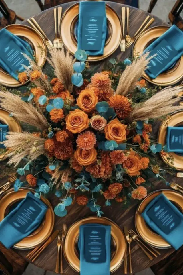 exemple mariage déco bleu sarcelle table ronde serviette et menu colorés centre de table fleur orange et herbe de pampa style bohème chic 