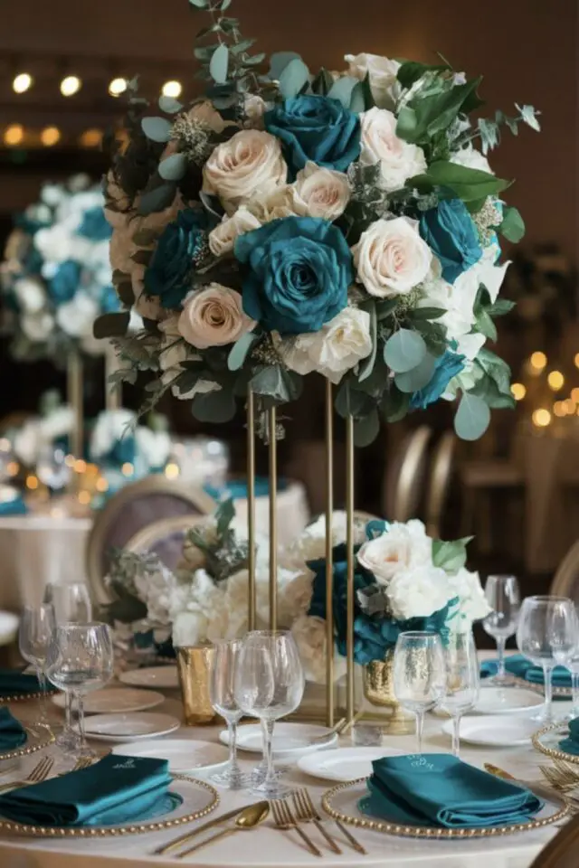 exemple mariage déco bleu sarcelle centre de table bouquet sur-élevé blanc et bleu idée élégante serviette colorée vaisselle blanc et laiton 