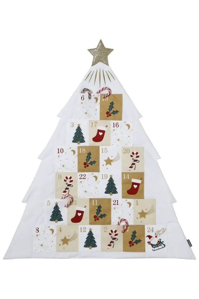 calendrier de l'avent La Redoute à remplir sapin en tissus pochettes blanc et or
