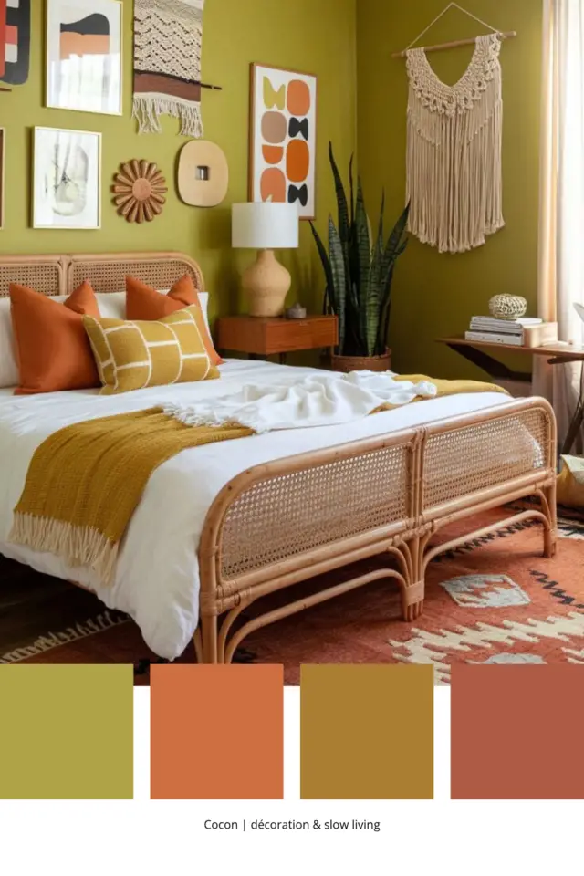 palette déco couleur vert Gen Z chambre parentale bohème lit en cannage peinture mur coloré et accessoires textiles terracotta ambiance moderne palette déco couleur vert Gen Z chambre parentale bohème lit en cannage peinture mur coloré et accessoires textiles terracotta ambiance moderne