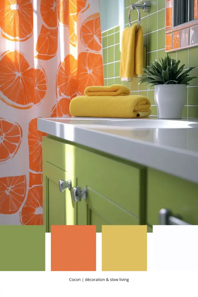 palette déco couleur vert Gen Z salle de bain petit espace meuble coloré rideau de douche orange serviette jaune ambiance vitaminée palette déco couleur vert Gen Z salle de bain petit espace meuble coloré rideau de douche orange serviette jaune ambiance vitaminée