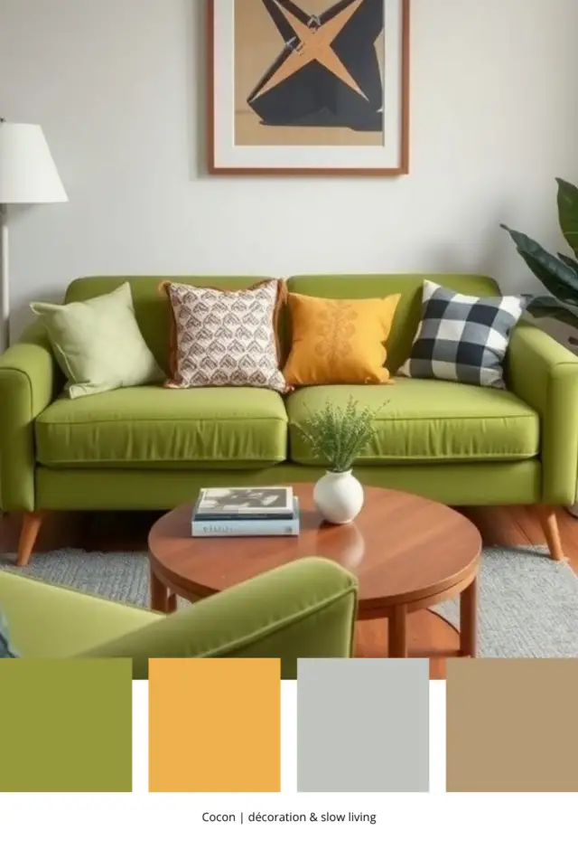 palettes déco couleur vert Gen Z salon moderne chic canapé coloré coussin jaune tapis gris table en bois ronde palettes déco couleur vert Gen Z salon moderne chic canapé coloré coussin jaune tapis gris table en bois ronde