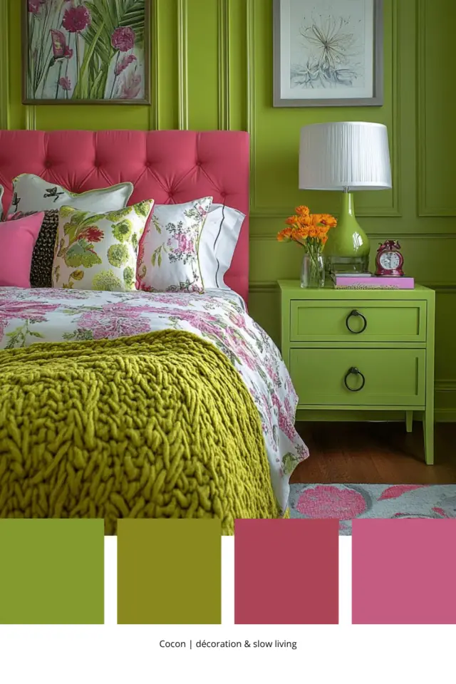 palette déco couleur vert Gen Z chambre à coucher adulte color bloc mur peinture verte tête de lit rose couleur complémentaire palette déco couleur vert Gen Z chambre à coucher adulte color bloc mur peinture verte tête de lit rose couleur complémentaire
