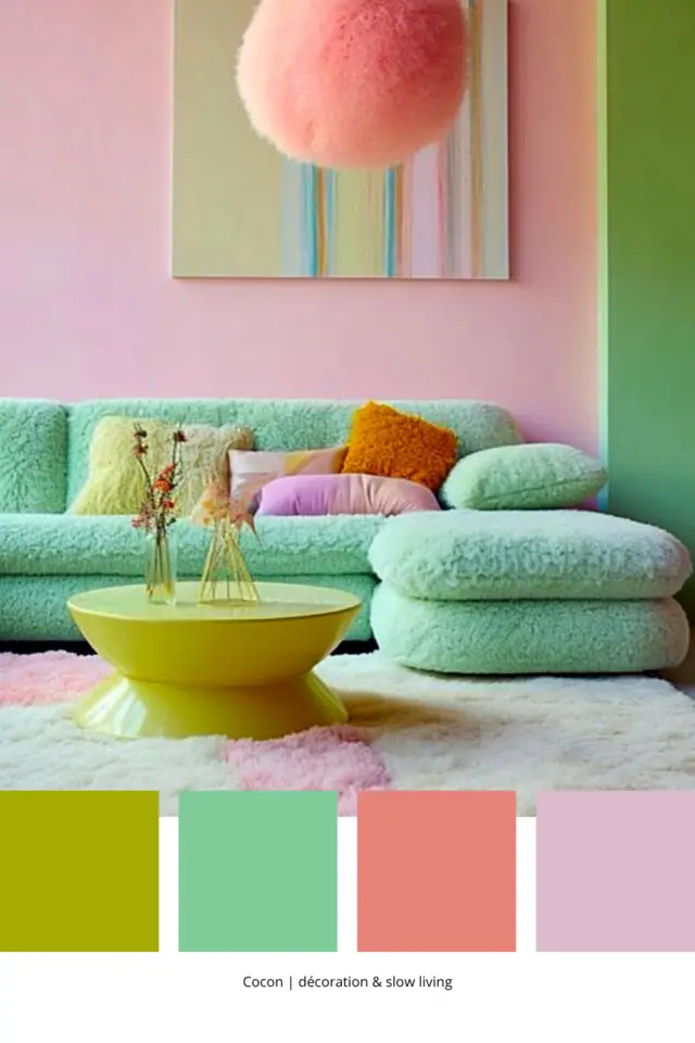 palette déco couleur vert Gen Z pastel salon séjour canapé vert touche plus vive table basse mur rose ambiance douce et originale palette déco couleur vert Gen Z pastel salon séjour canapé vert touche plus vive table basse mur rose ambiance douce et originale