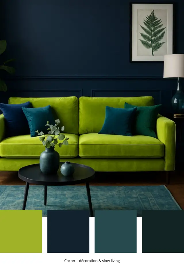 palette déco couleur vert Gen Z salon élégant bleu marine sourd touche lumineuse canapé coloré contraste chic palette déco couleur vert Gen Z salon élégant bleu marine sourd touche lumineuse canapé coloré contraste chic