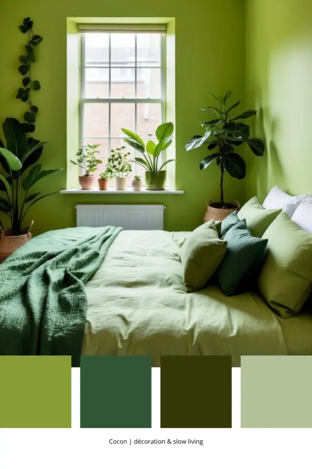 palette déco couleur vert Gen Z chambre camaïeu coloré mur linge de lit plante vert sapin palette déco couleur vert Gen Z chambre camaïeu coloré mur linge de lit plante vert sapin