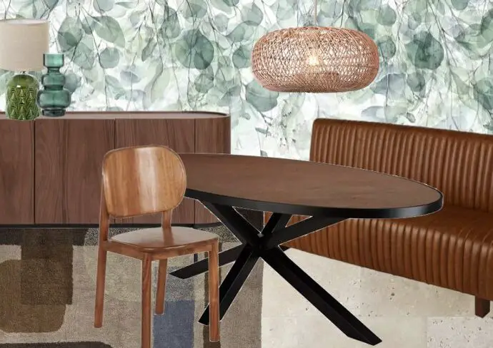 planche d'ambiance salle à manger nature chic meuble en bois banquette en cuir tapis moderne papier peint panoramique vert et blanc