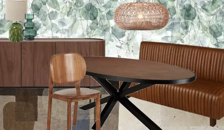 planche d'ambiance salle à manger nature chic meuble en bois banquette en cuir tapis moderne papier peint panoramique vert et blanc