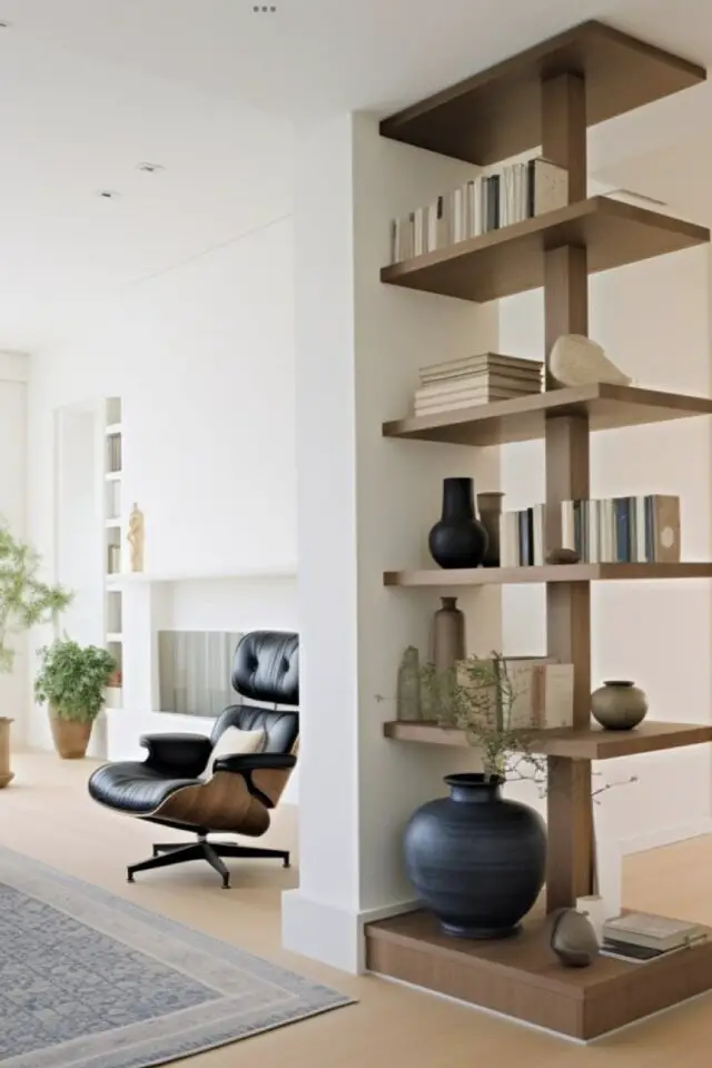 séparer entrée du salon exemple meuble étagères sur mesure en bois ouvert chic et élégant simple 