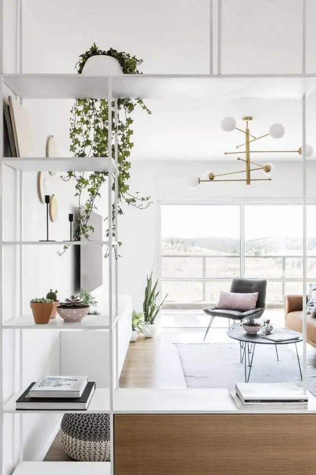 séparer entrée du salon exemple meuble blanc sur mesure bibliothèque moderne chic et élégante garder sentiment d'espace 