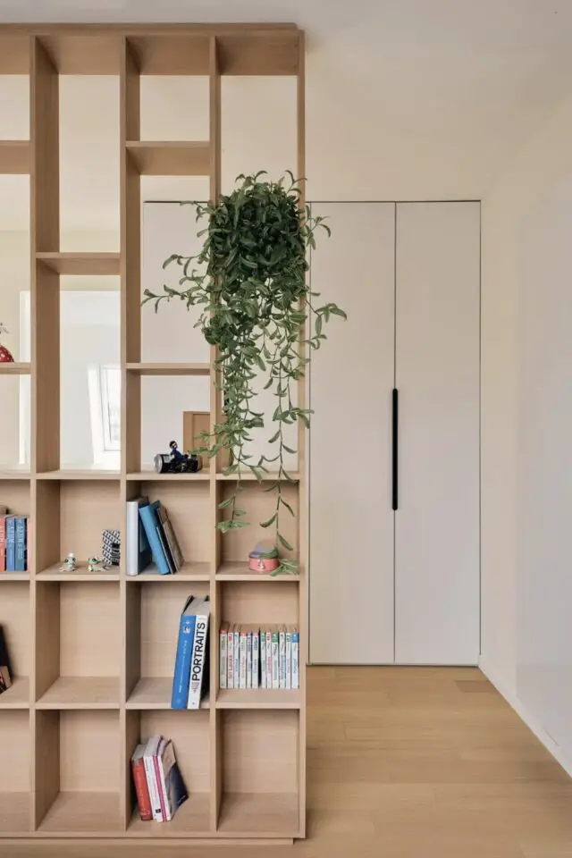 séparer entrée du salon bibliothèque partiellement ouverte meuble sur-mesure moderne et chaleureux 